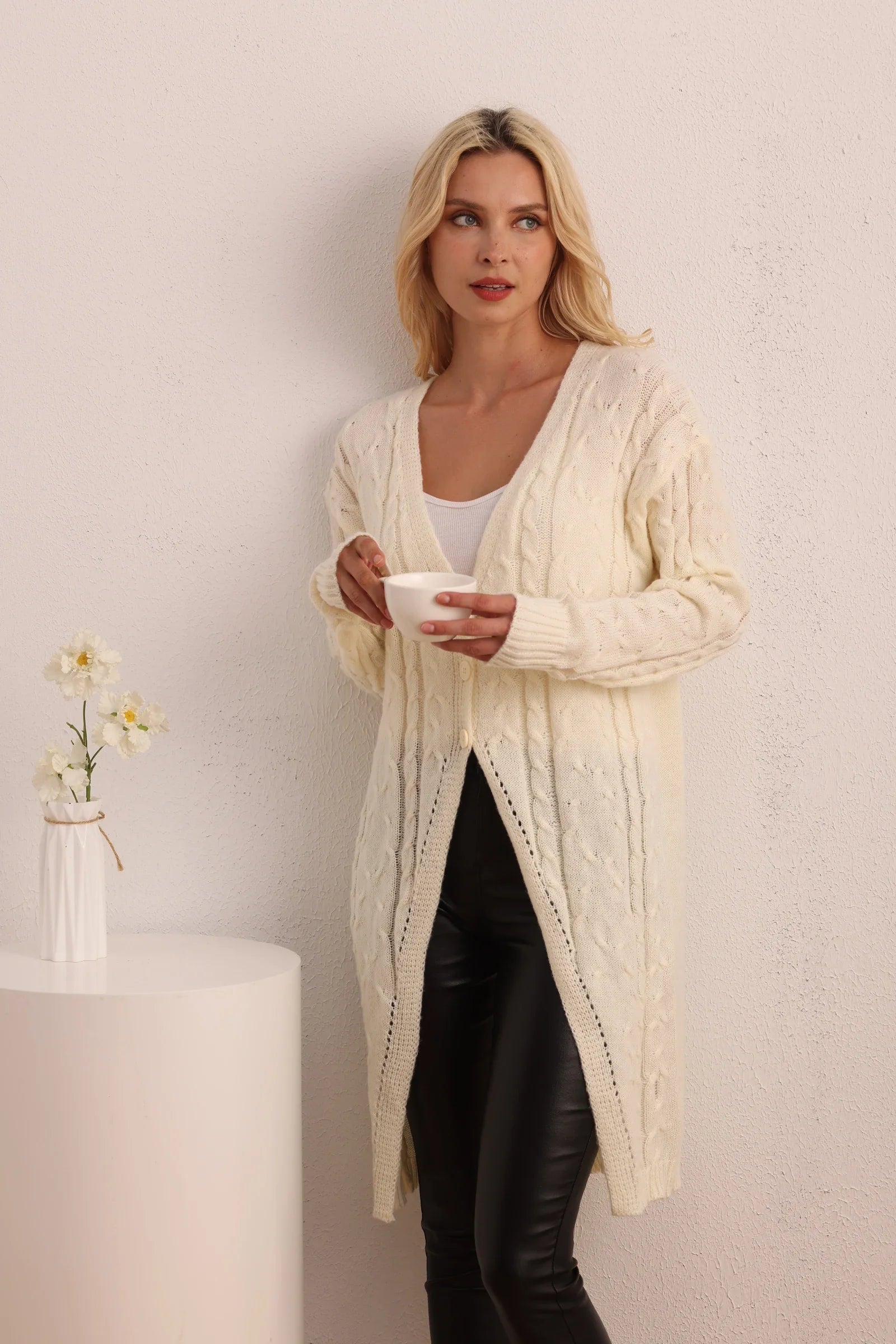 New Casual Long Knitted LongSleeved Twist Button Cardigan