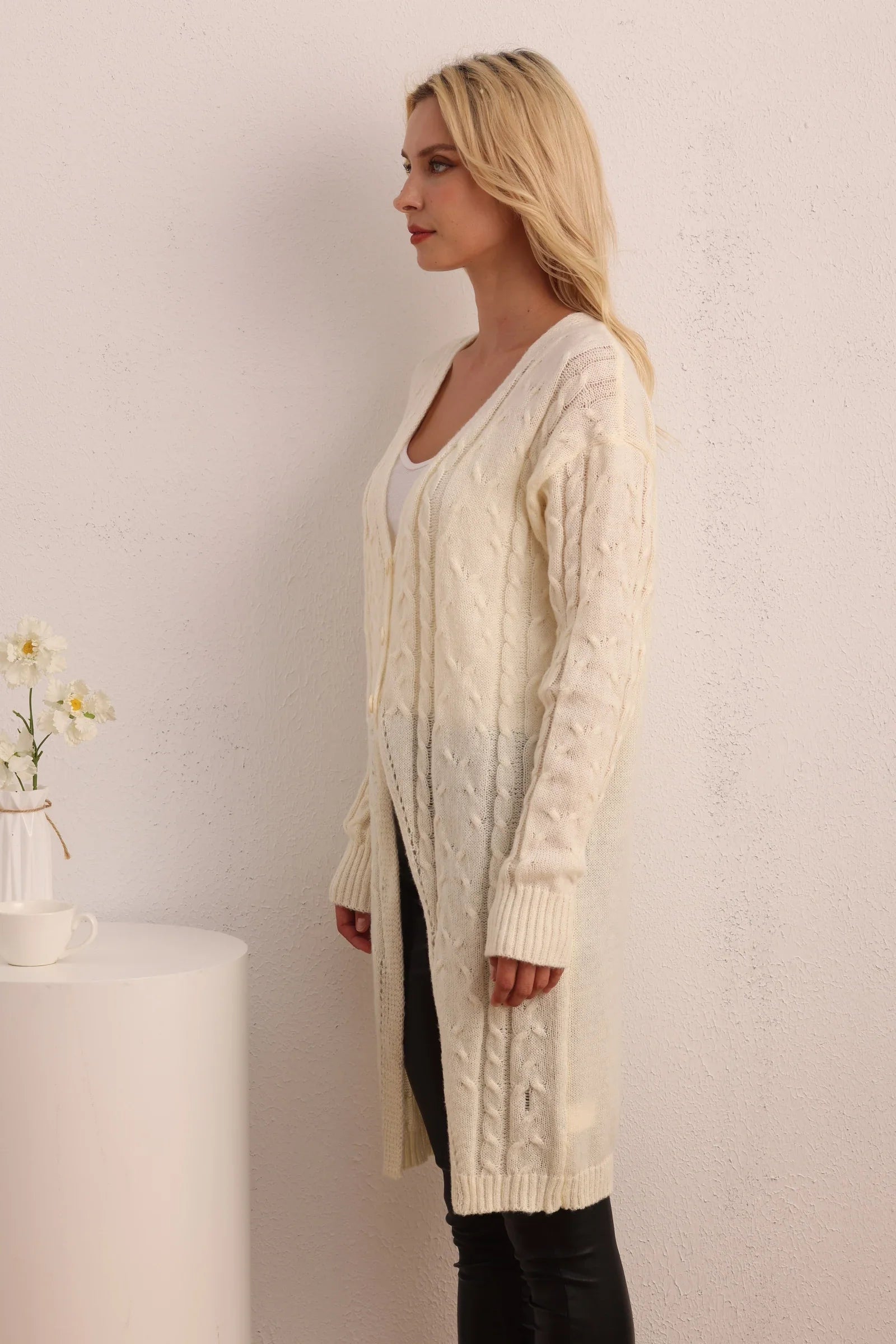 New Casual Long Knitted LongSleeved Twist Button Cardigan