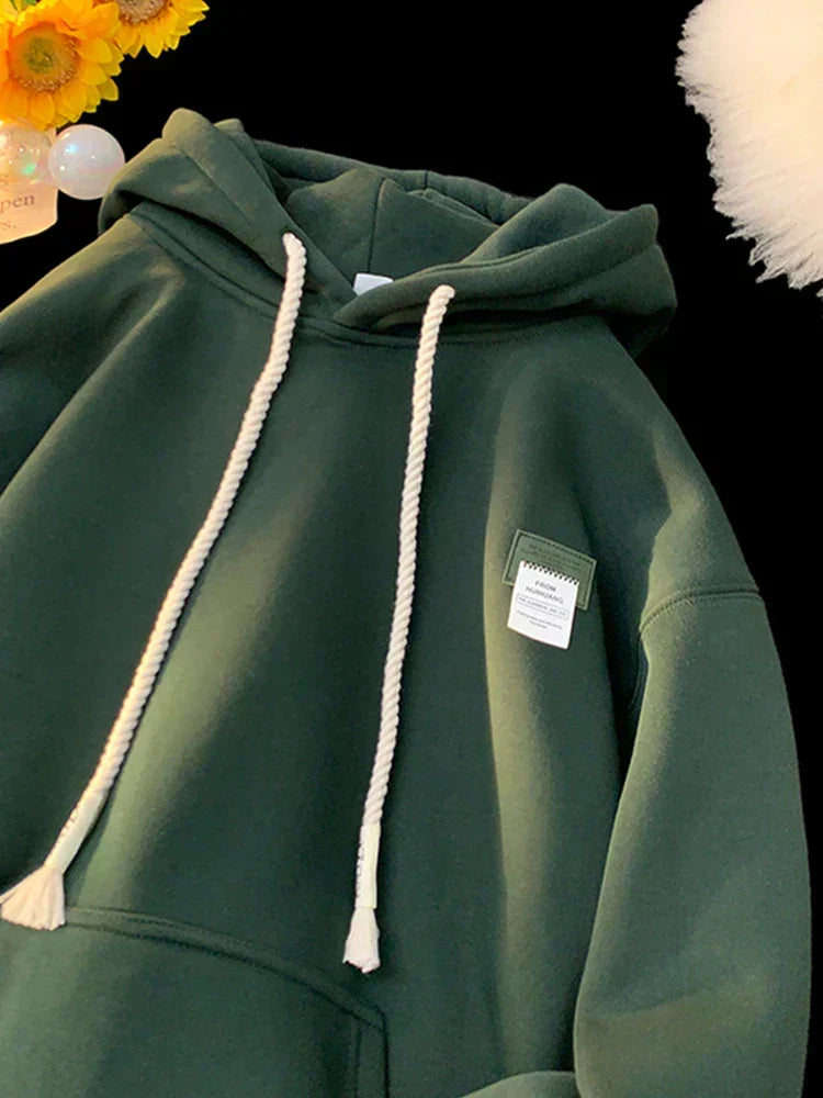 Solid Color Appliqué Oversized Fleece Hoodie Green / M(40-45KG)