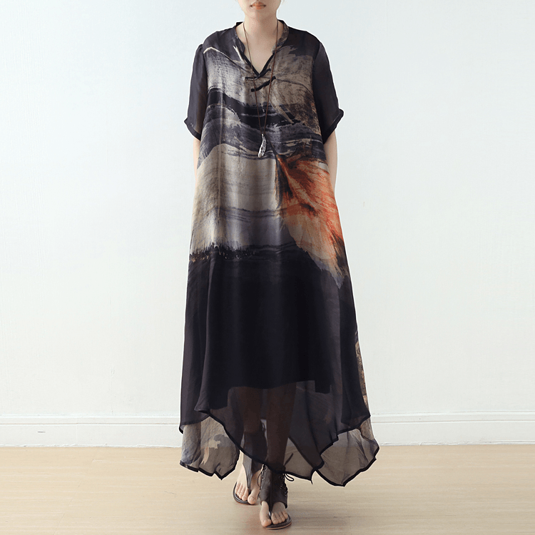 New Women's Retro Disc Button Loose Large Size Irregular Silk Printed Dress
