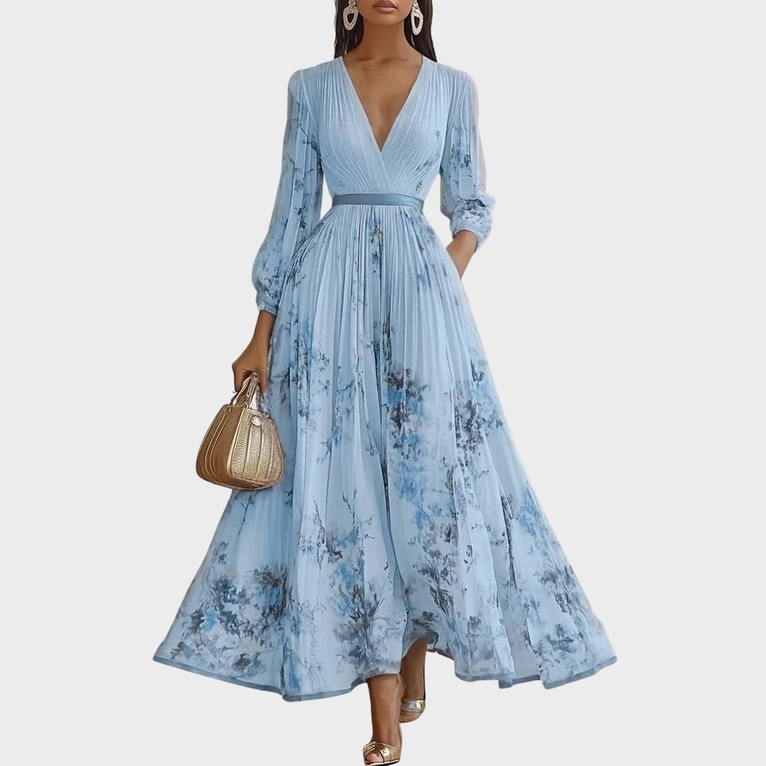 V-Neck Floral Print Sleeveless Pleated A-Line Maxi Dress