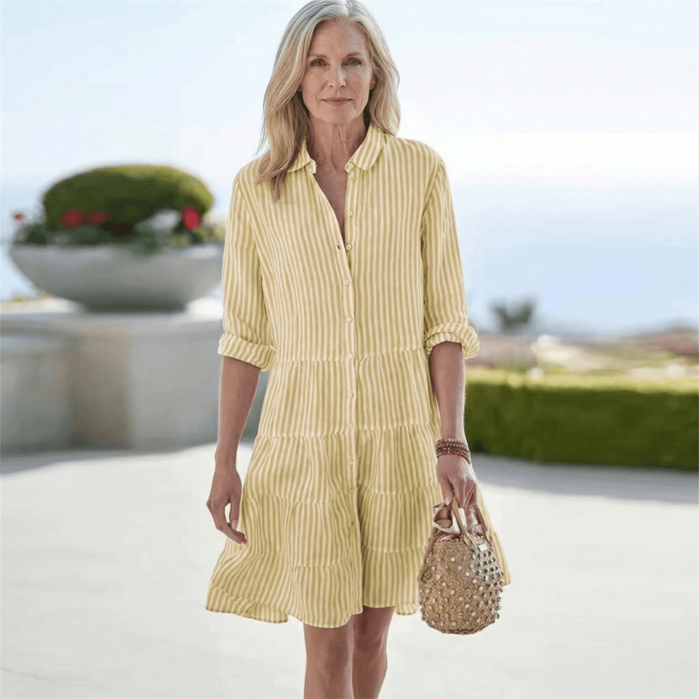 Collared Striped Long Sleeve Button Front Tiered Shirt Mini Dress