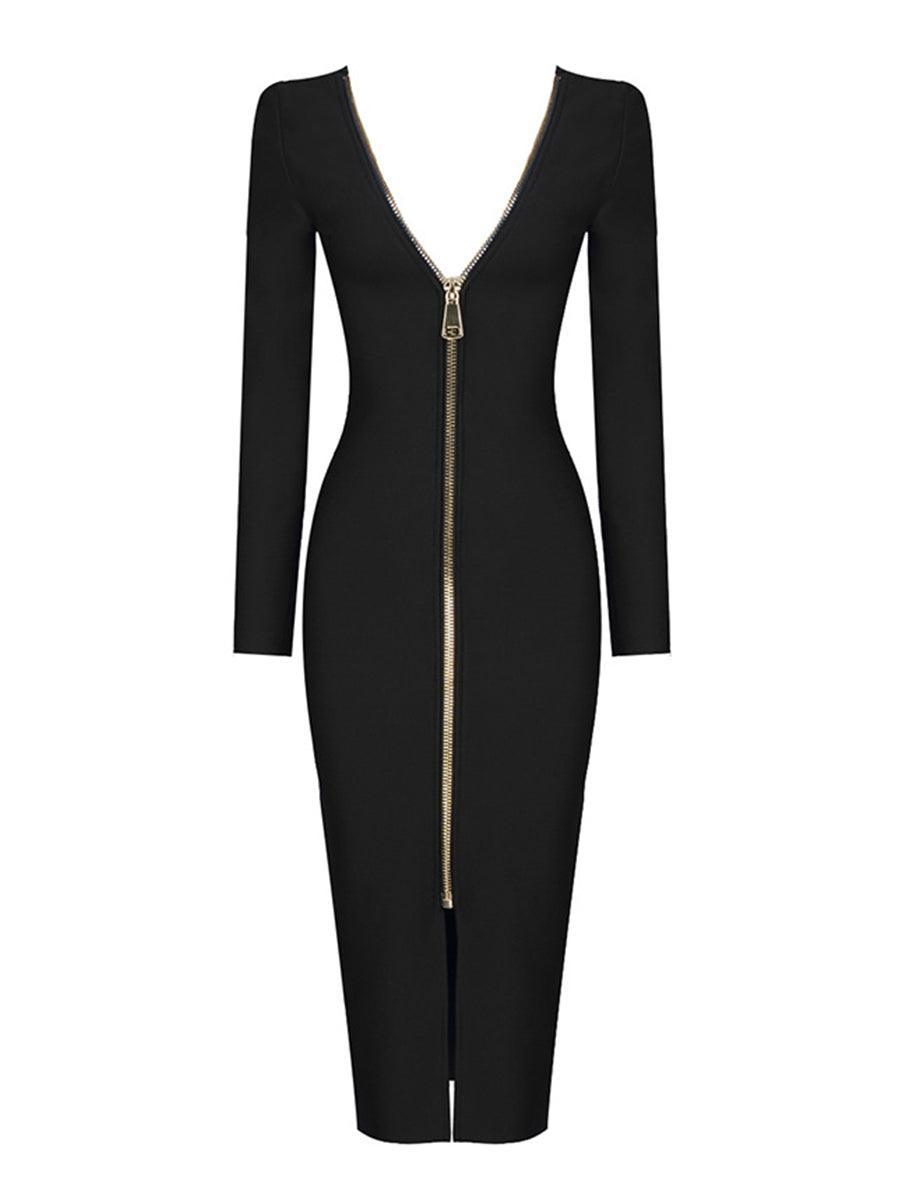 Long Sleeve Open Back Zipper Bandage Bodycon Midi Dress