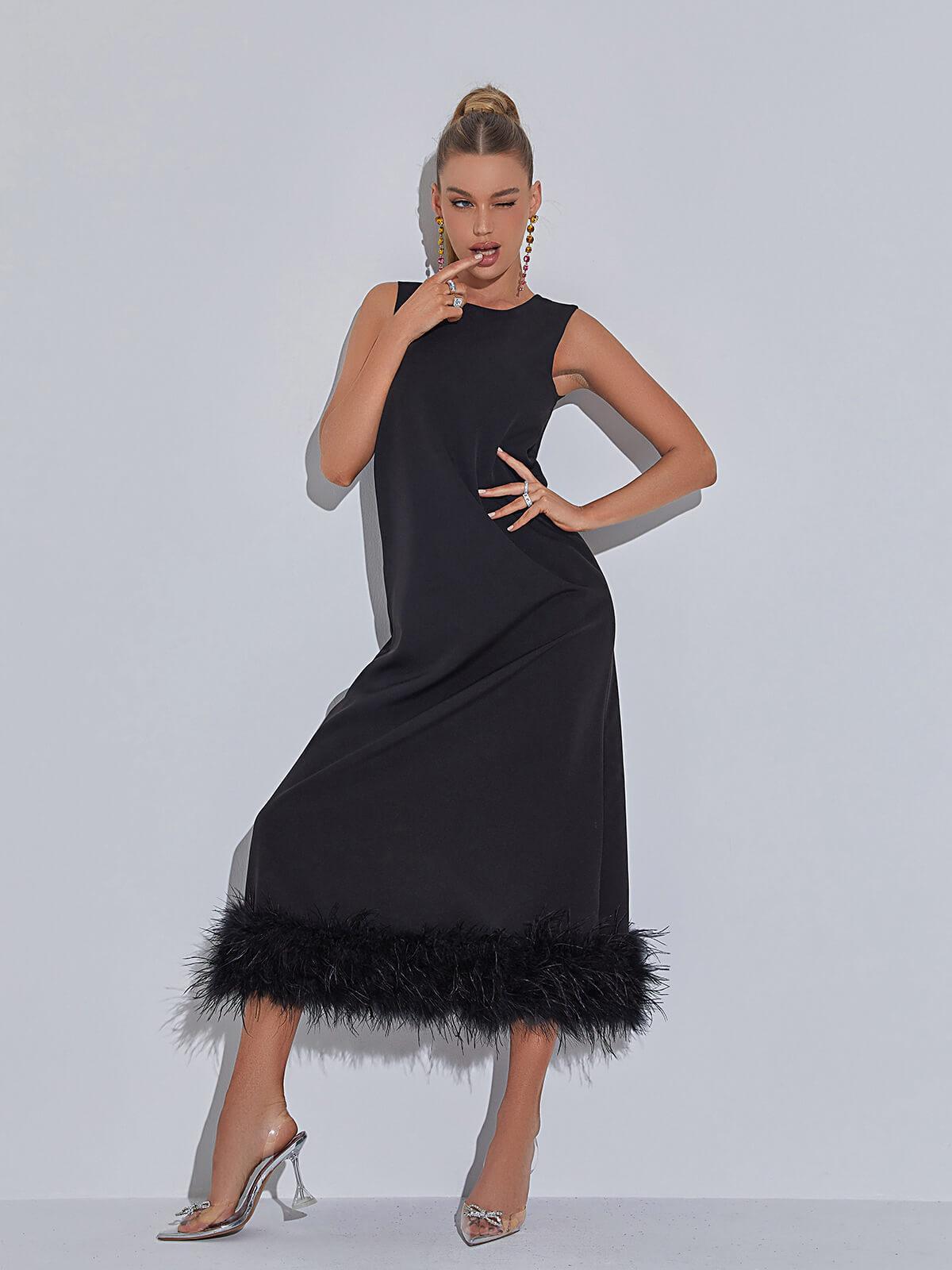 Round Neck Sleeveless Feather Trim Hem A-Line Midi Dress