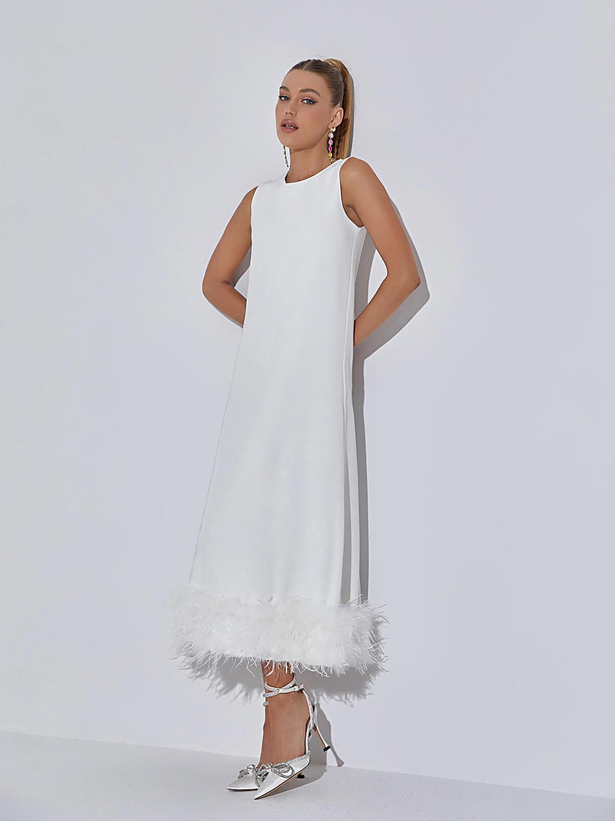 Round Neck Sleeveless Feather Trim Hem Shift Midi Dress