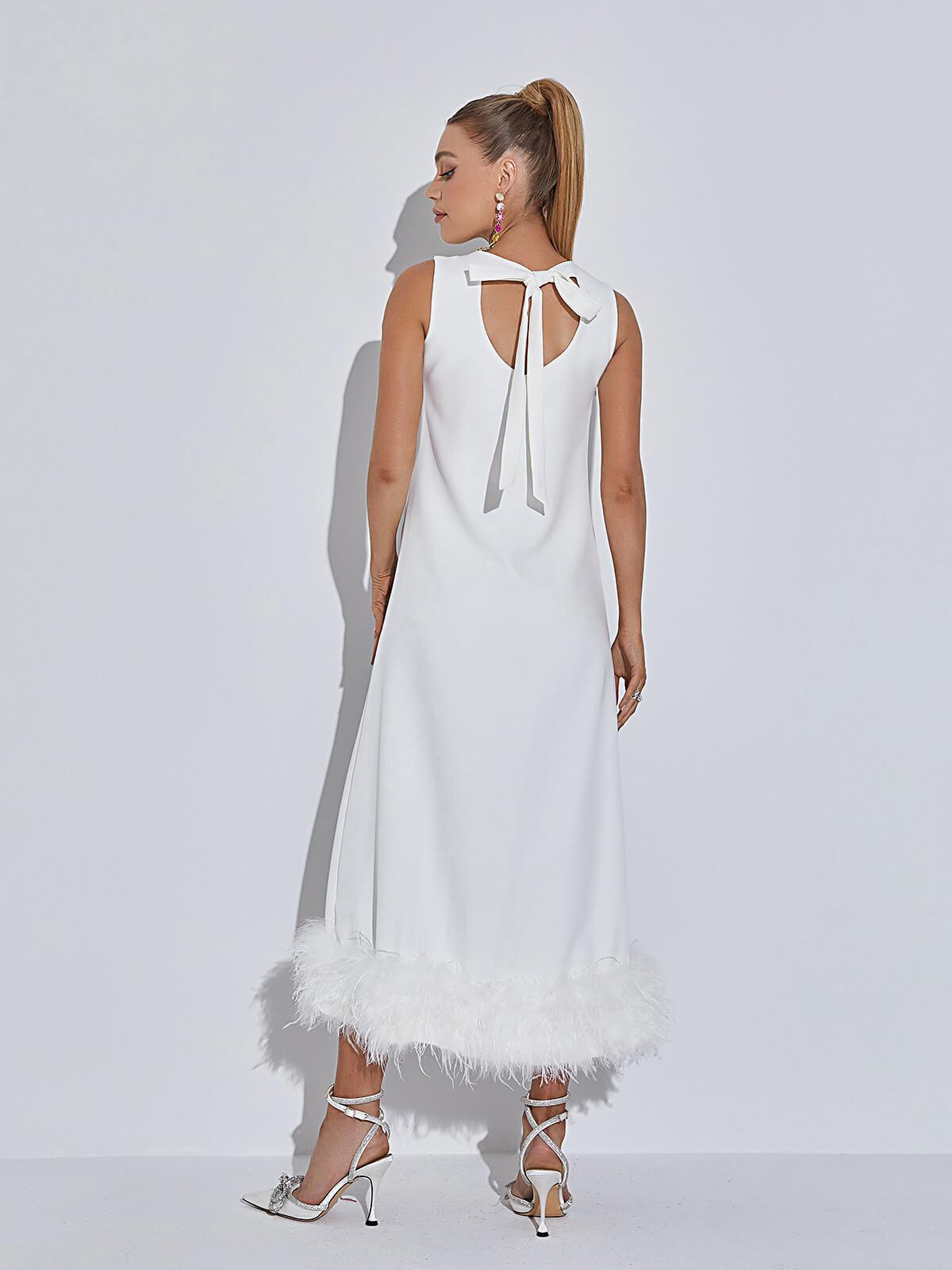 Round Neck Sleeveless Feather Trim Hem Shift Midi Dress