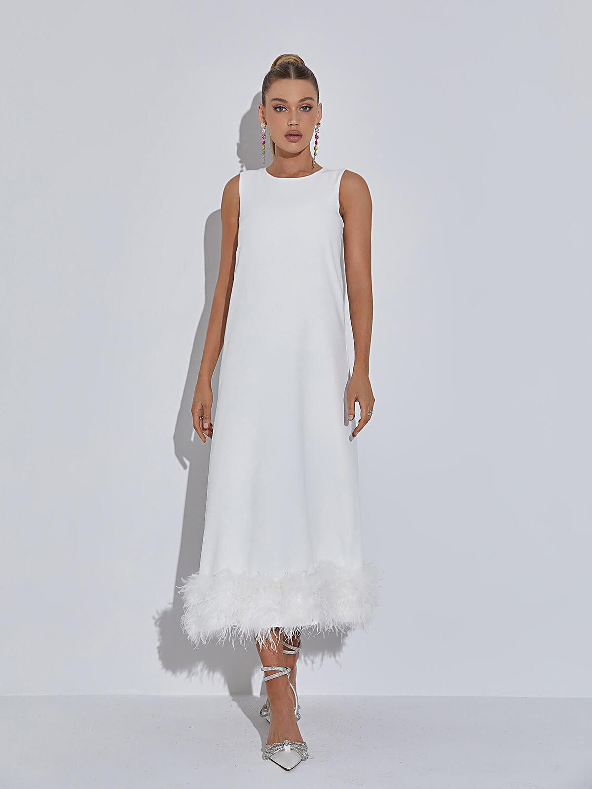 Round Neck Sleeveless Feather Trim Hem Shift Midi Dress