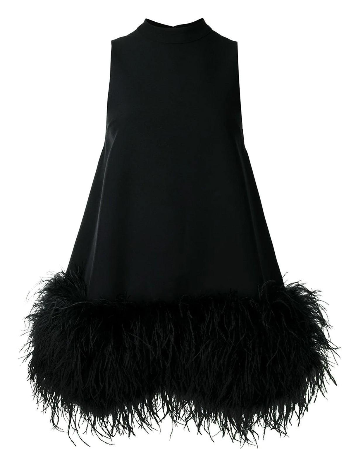 Mock Neck Sleeveless Feather Trim Shift Mini Dress