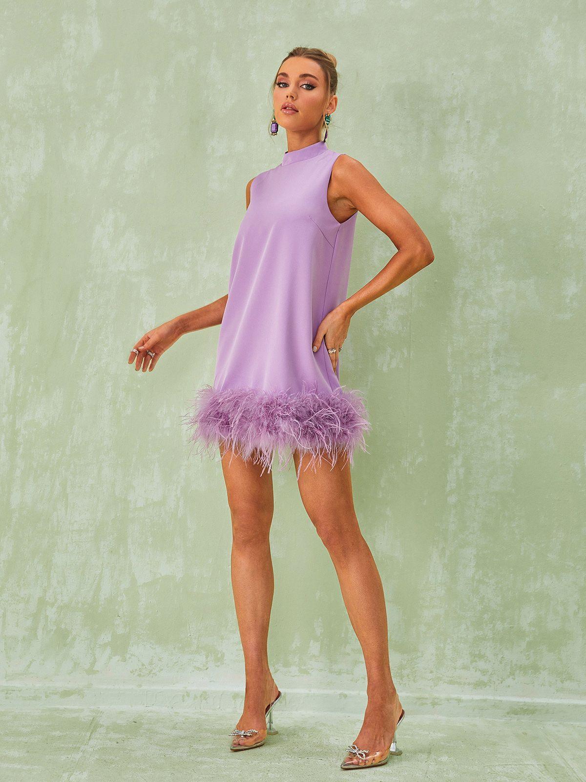 High Neck Sleeveless Feather Trim Hem Shift Mini Dress