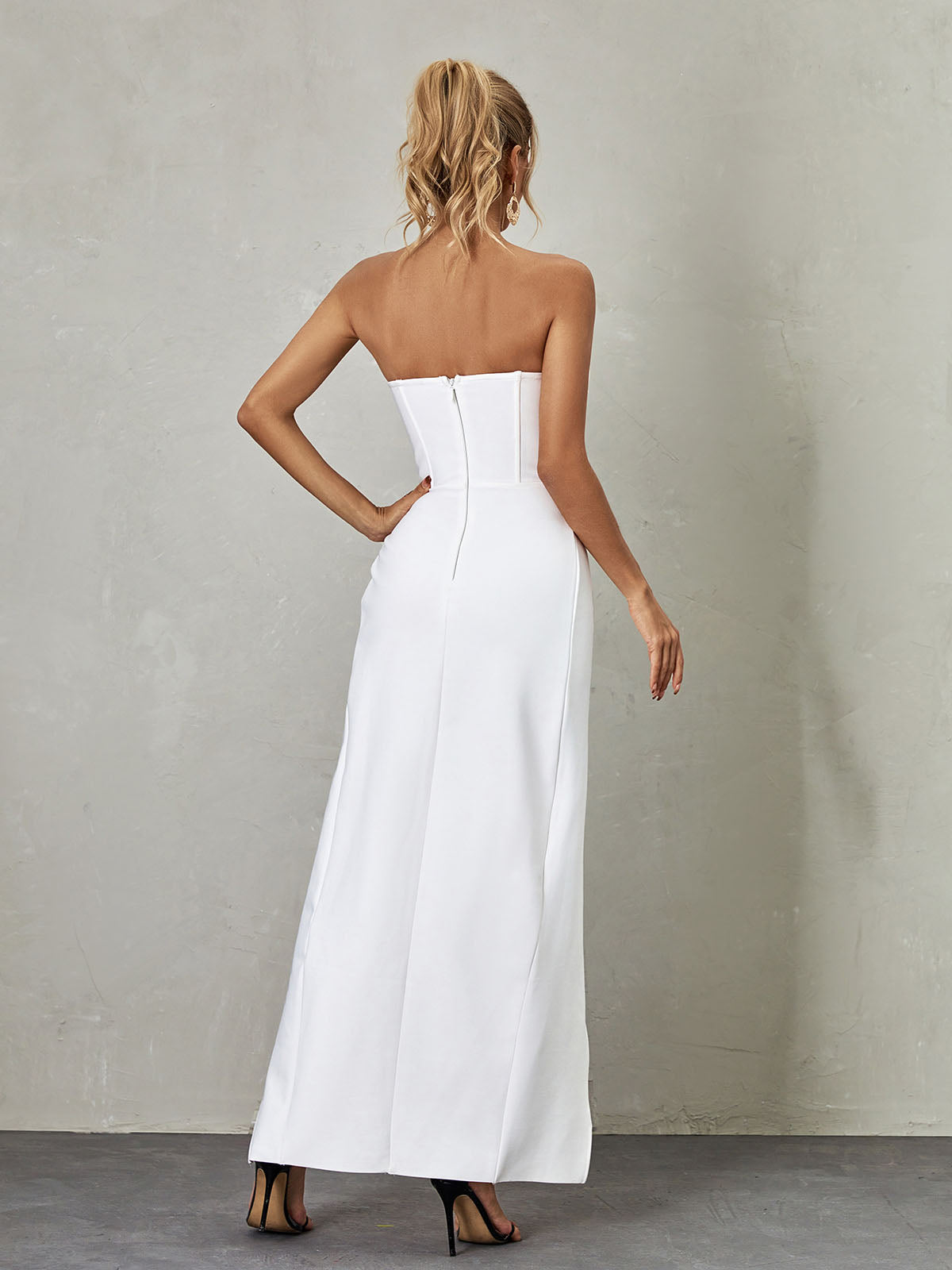 Strapless 3D Rosette Sweetheart High Slit Wrap Bodycon Maxi Dress 5