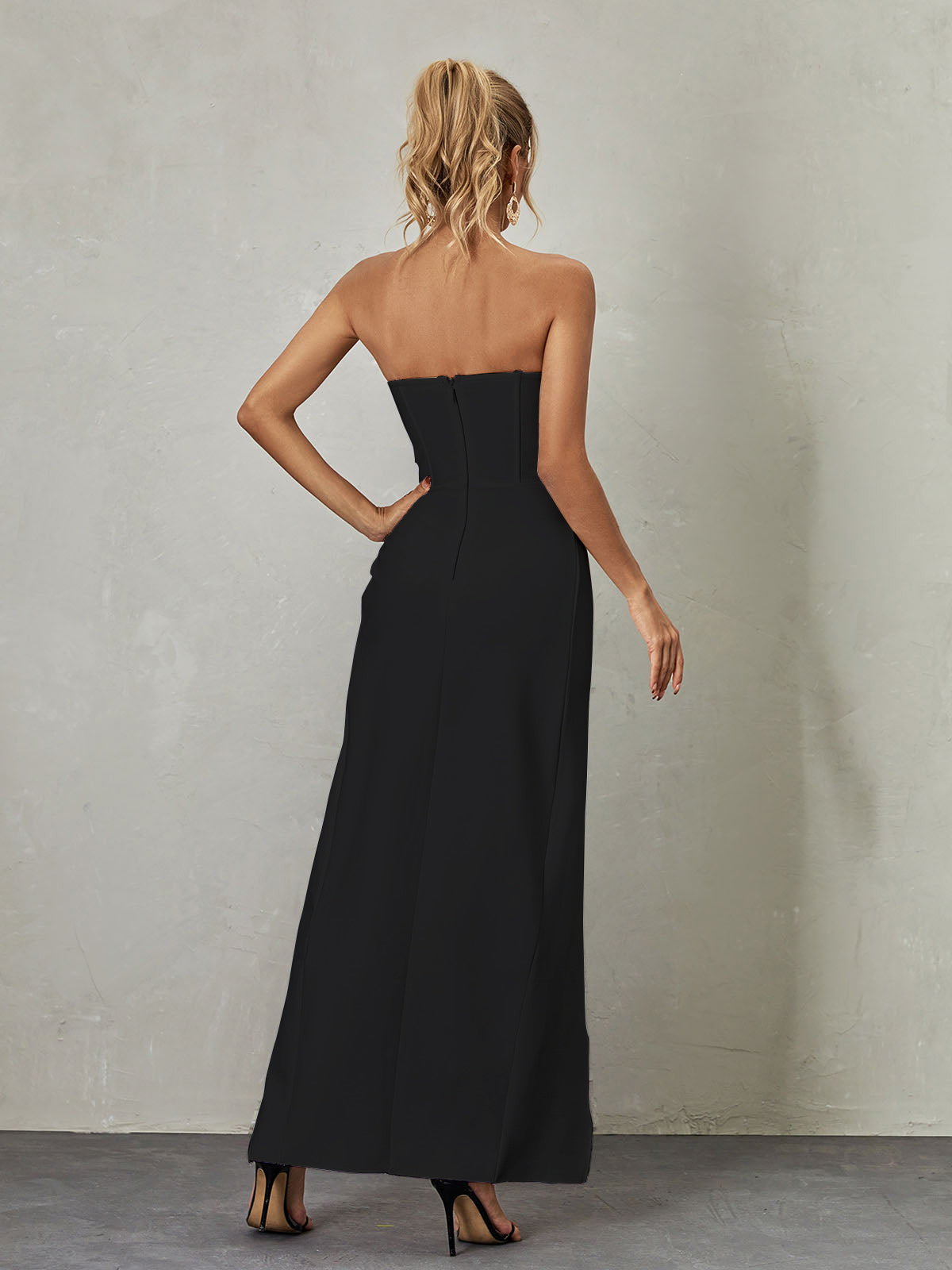 Strapless Sweetheart Rosette Corset High Slit Bodycon Maxi Dress