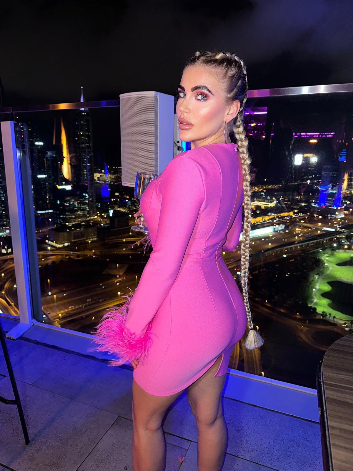 Sweetheart Long Sleeve Feather Cuff Corset Bandage Bodycon Mini Dress