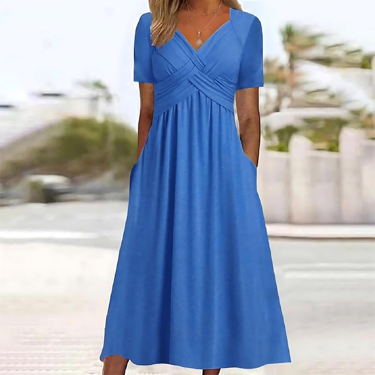 Sweetheart Neck Crossover Pleated Short Sleeve A-Line Midi Dress 5