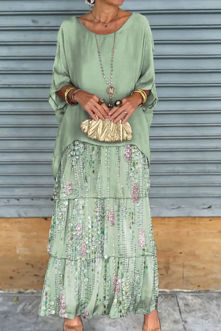 Light Green Round Neck Batwing Sleeve Floral Tiered Layered Maxi Dress