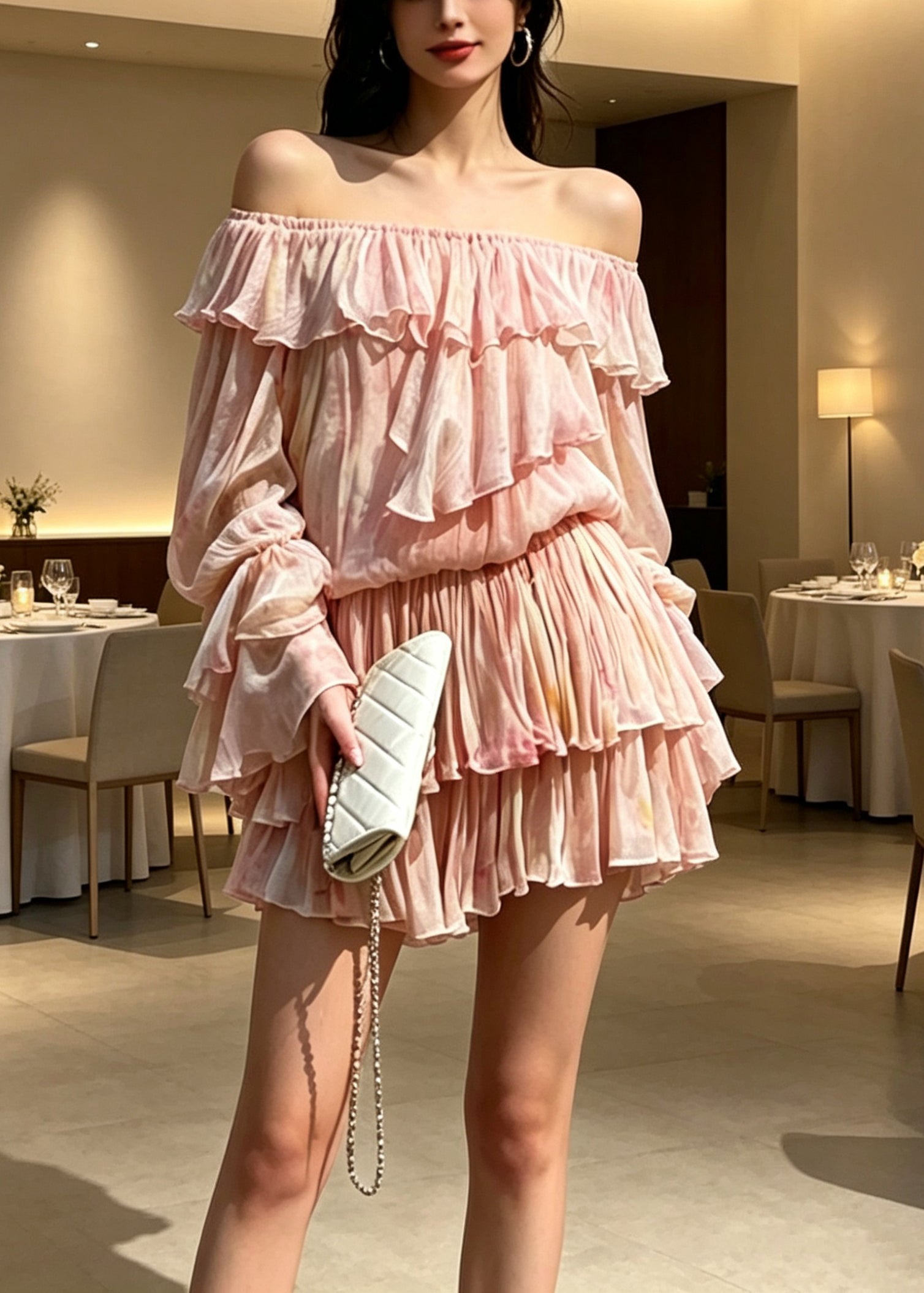 Novelty Pink Ruffled Patchwork Cold Shoulder Chiffon Mid Dress Long Sleeve