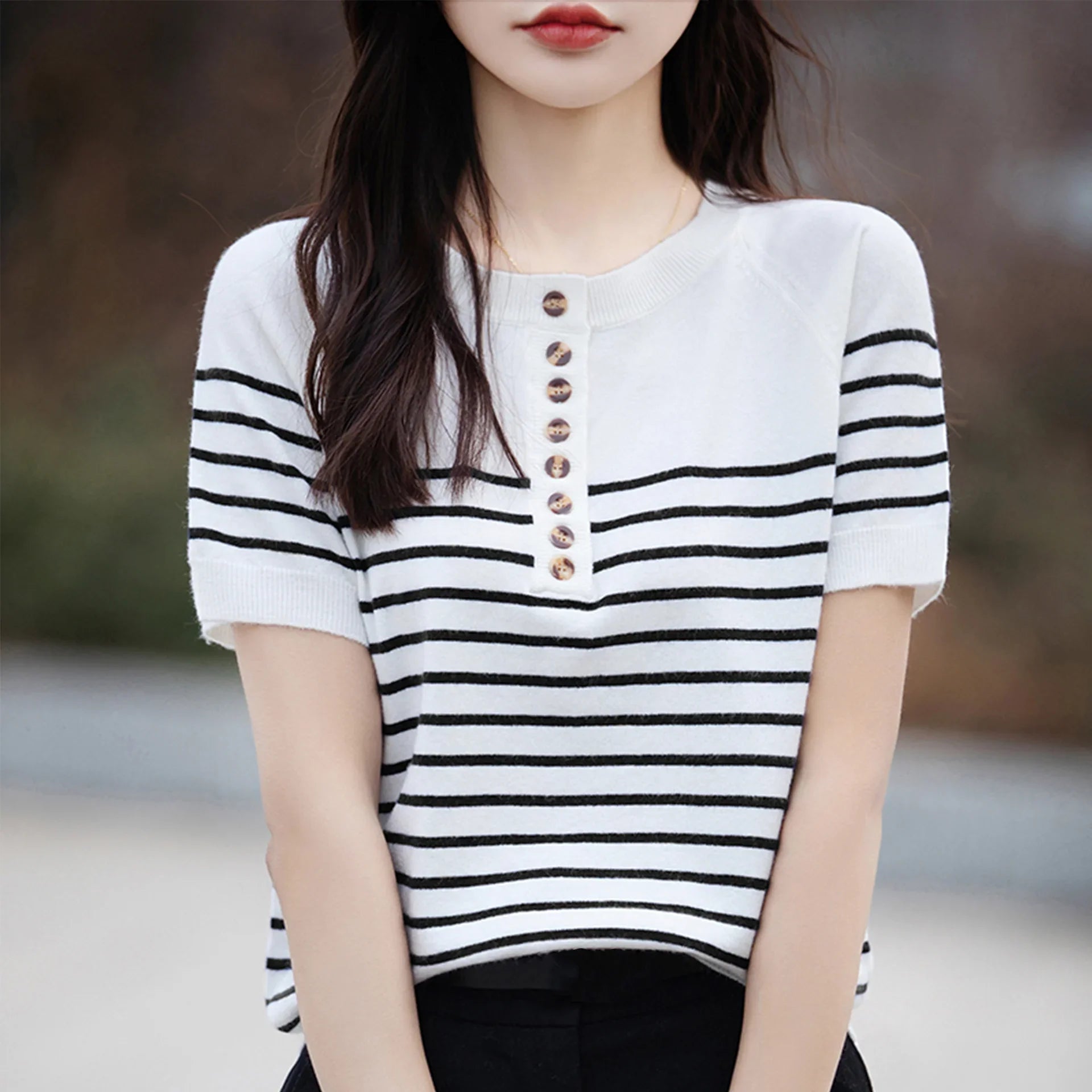 ONeck Stripe Summer Short Thin Casual Fashion Knit Sweater