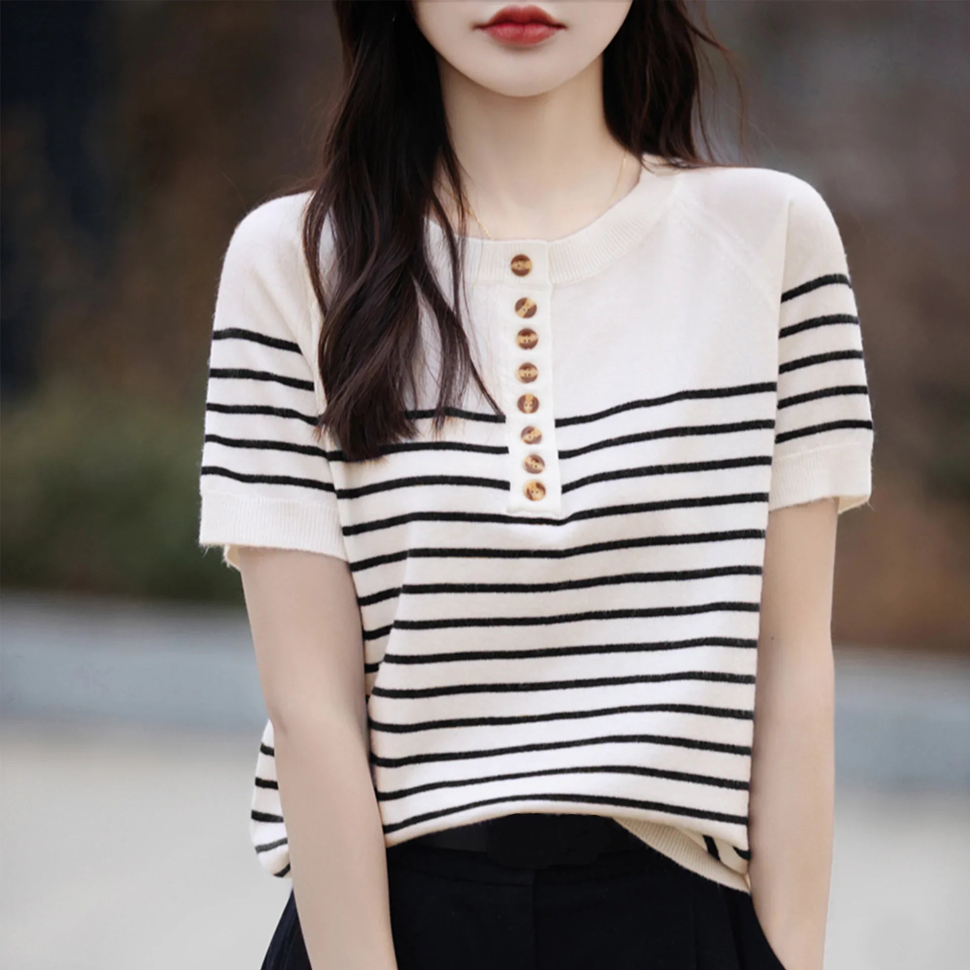 ONeck Stripe Summer Short Thin Casual Fashion Knit Sweater