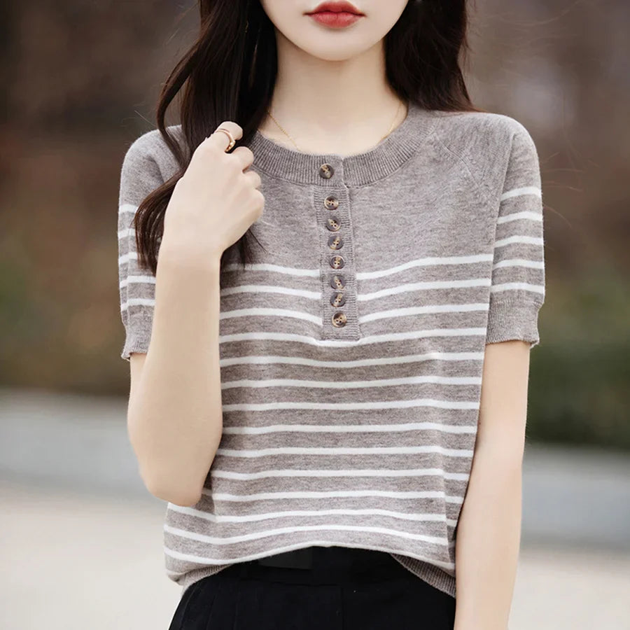 ONeck Stripe Summer Short Thin Casual Fashion Knit Sweater