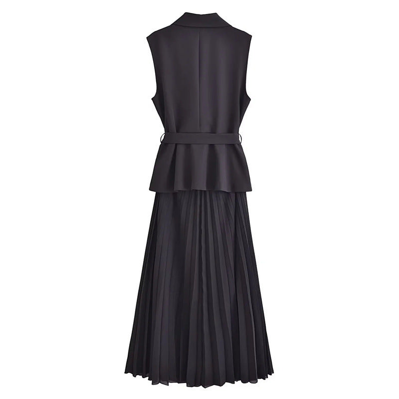 Double-Breasted Belted Vest And Dress Set