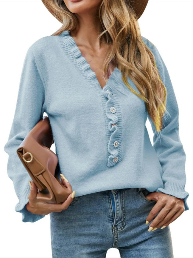 Contrast Ruffle Trim Button Sweater