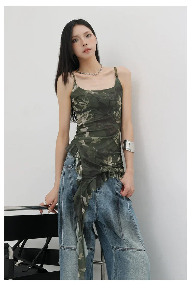 Black Asymmetric Ribbon Strap Tank Top With Ruffle Edge Design