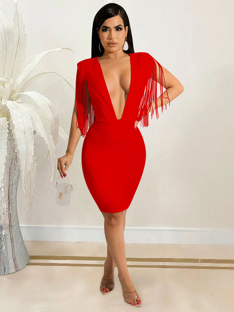 Deep V Neck Spaghetti Strap Classic Ruched Party Mini Dress - Red / L Dresses