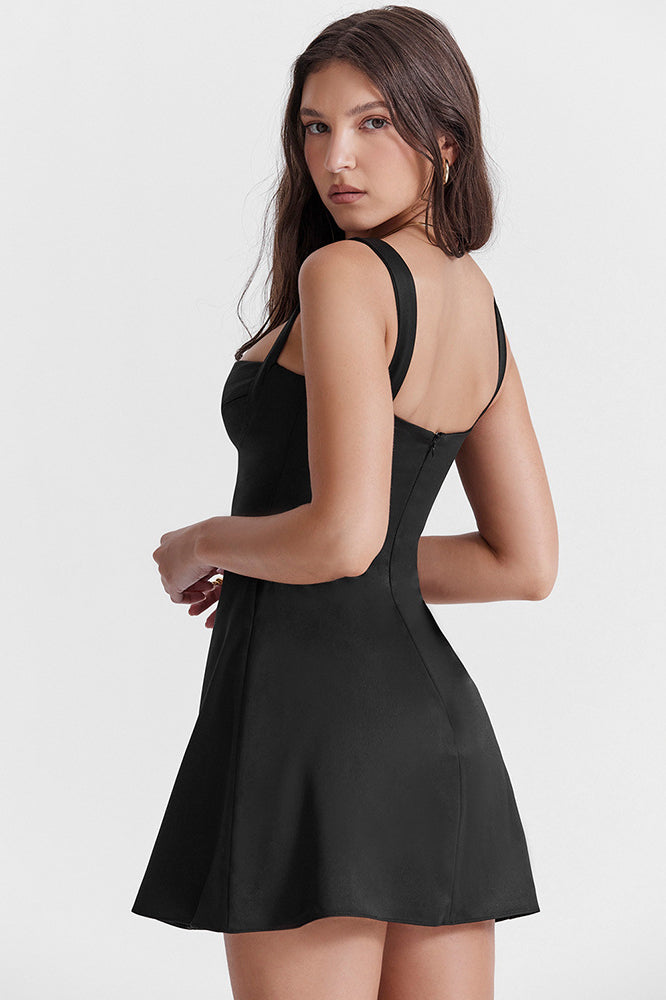 Black Square Neck Wide Strap Satin A-Line Mini Dress 7