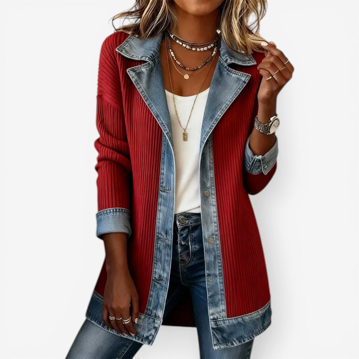 Notched Lapel Corduroy Denim Contrast Button Front Jacket 4