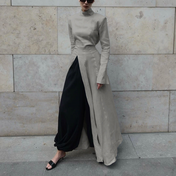 Women Clothing Design Split Spring Stand Collar Long Sleeve High Waist French Maxi Dress