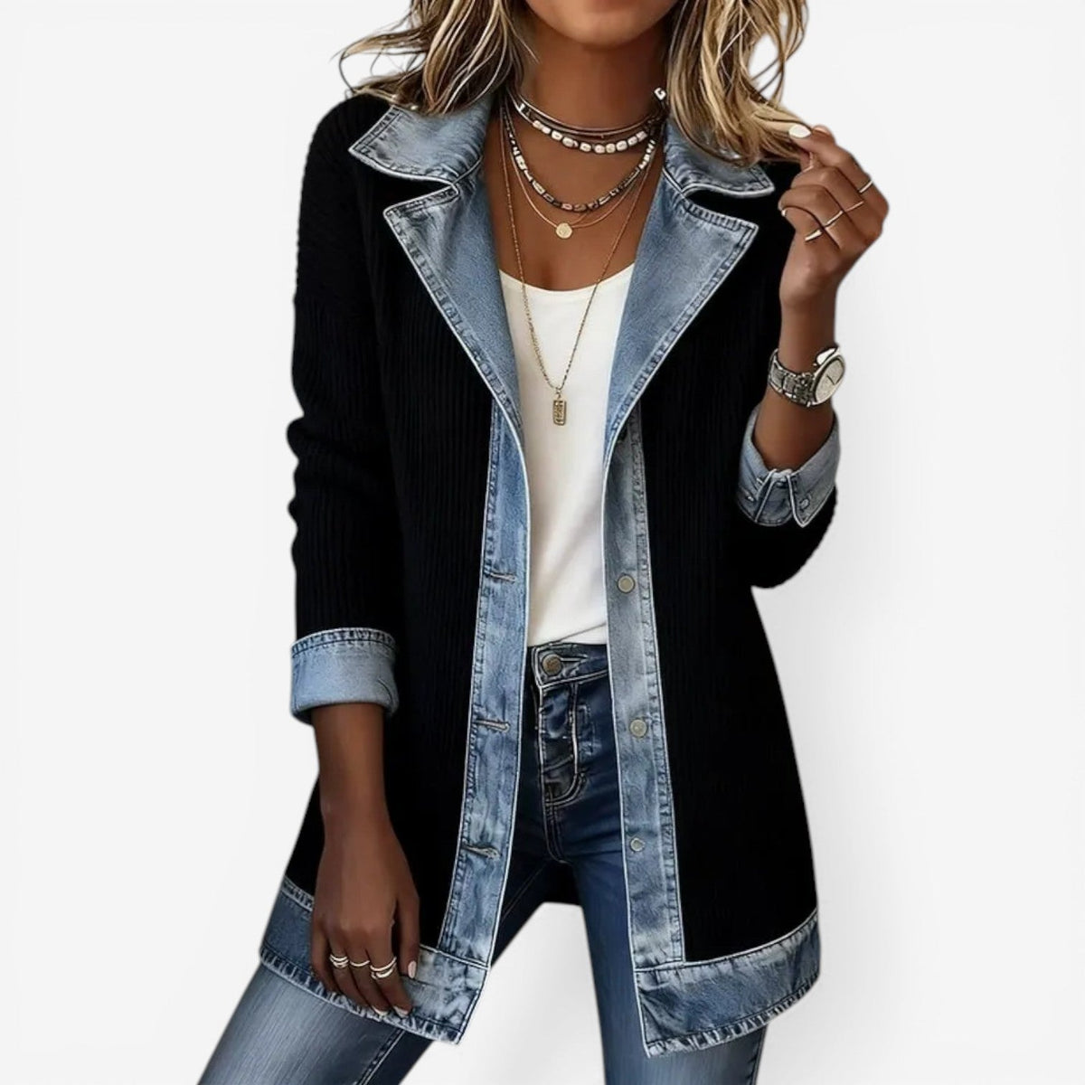 Notched Lapel Corduroy Denim Contrast Button Front Jacket 2