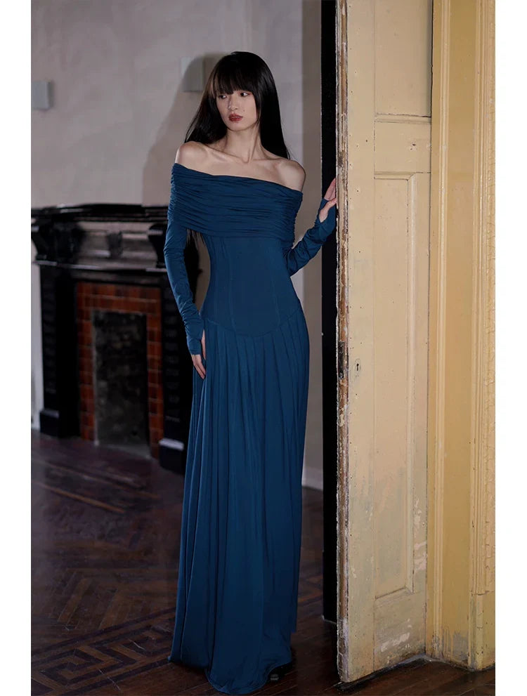 Azure Grace Off-the-Shoulder Evening Gown