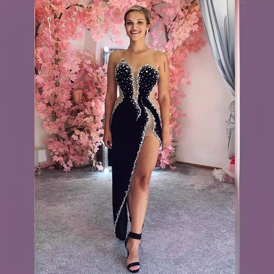 Sexy Strapless Beaded Bodycon Dress Party Prom Dress red / XS promdress-250223