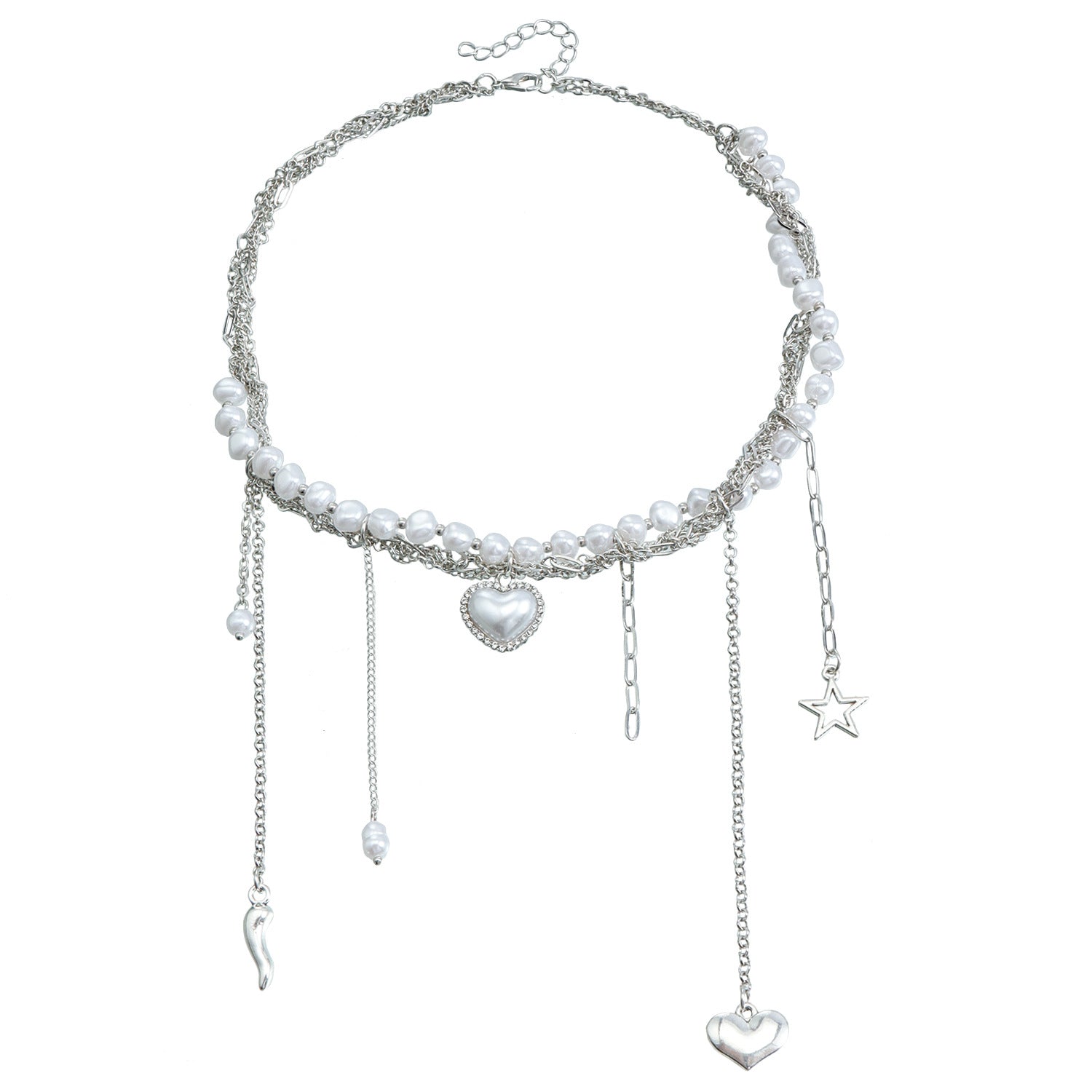 Multilayer Heart Tassel Pearl Star Pendant Necklace
