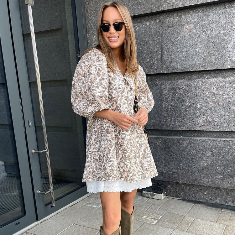 Mariola Minimalist Women's Blouse Dress with Floral Pattern and Puff Sleeves Everyday Luxe Edit