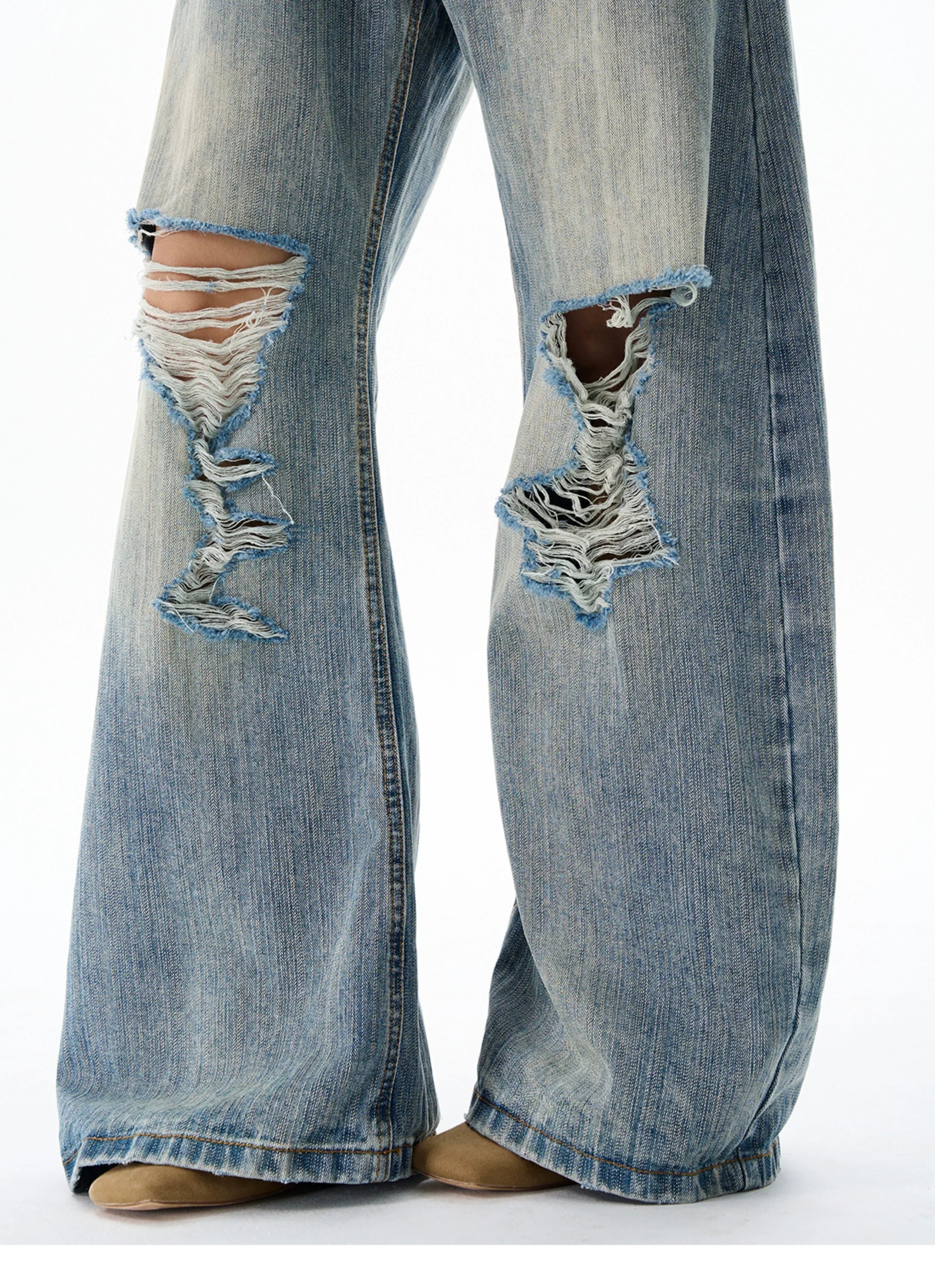 Heavy Knee Distressed Wide Leg Blue Jeans