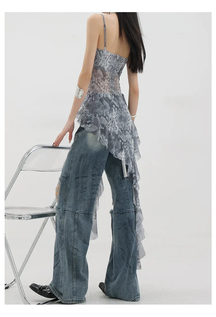 Black Asymmetric Ribbon Strap Tank Top With Ruffle Edge Design