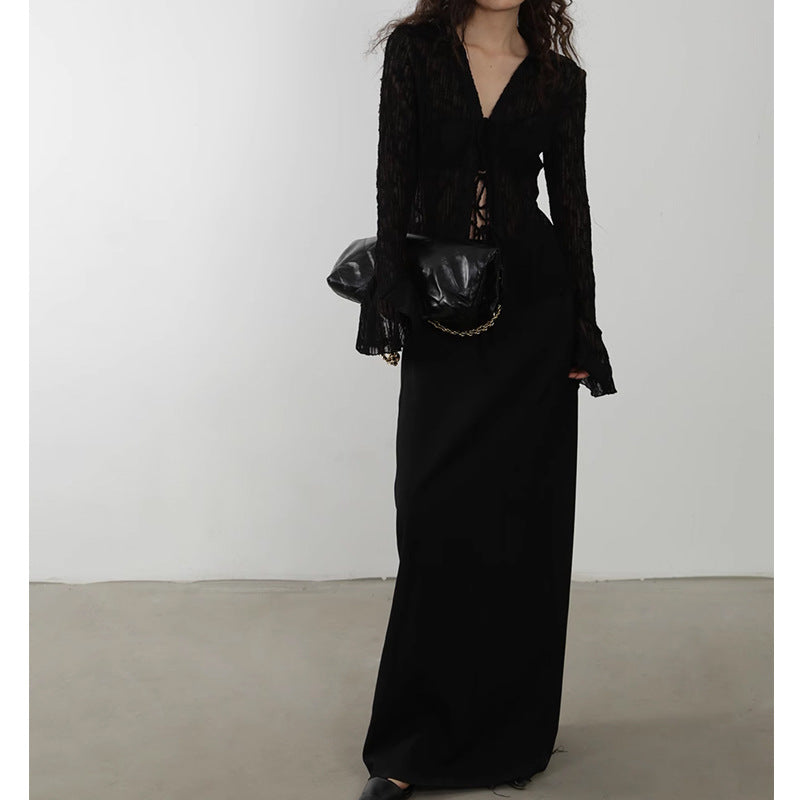 Chiffon Sheer Lettuce Trim Long Sleeve Shirt