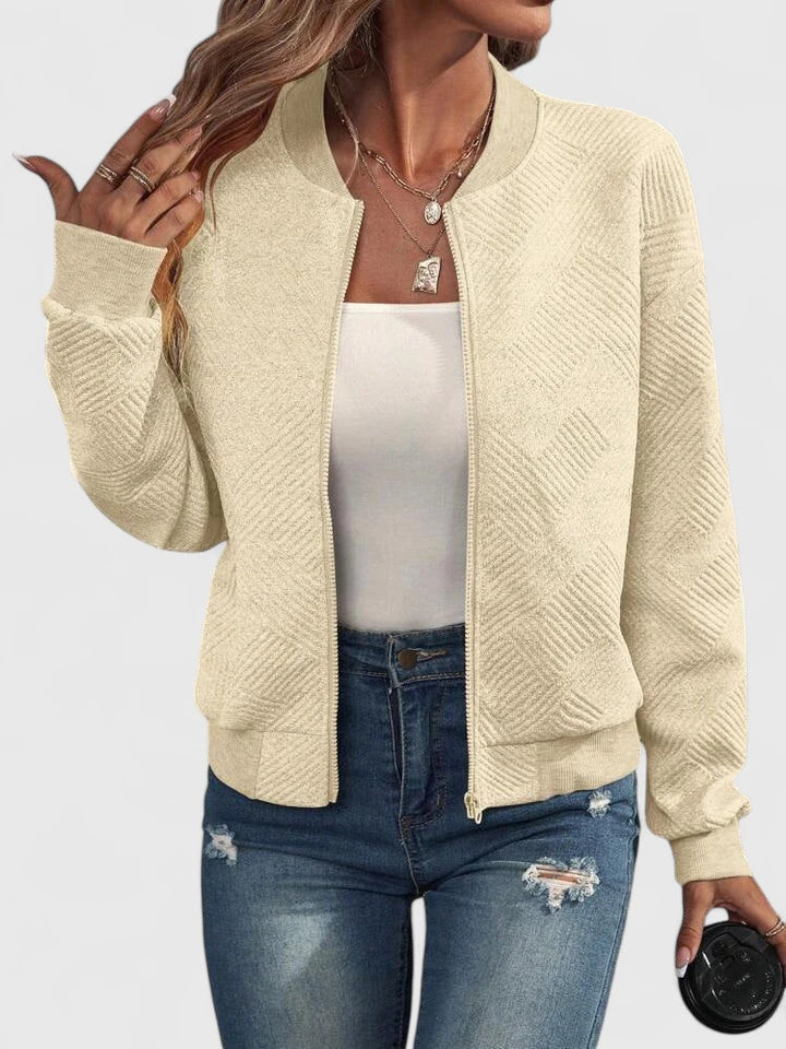 Stand Collar Textured Knit Zip Front Long Sleeve Bomber Jacket