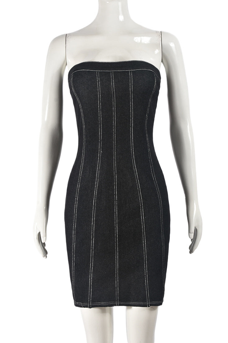 Light Blue Strapless Distressed Denim Frayed Hem Bodycon Mini Dress 2