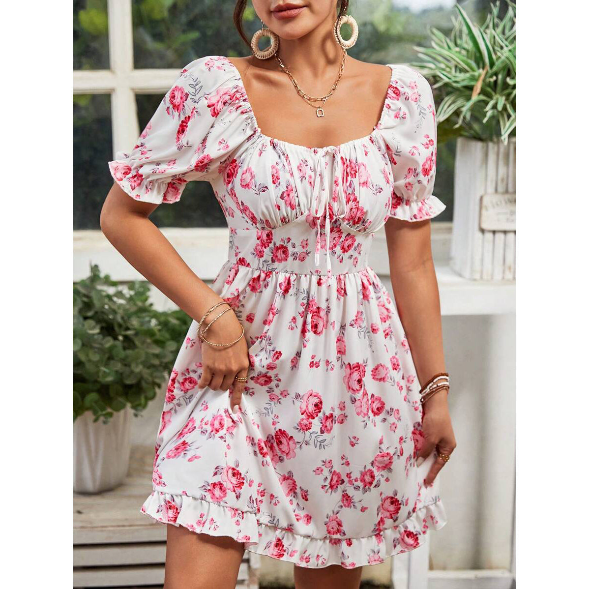 Tatiana Chic Women's Floral Basic Dress with Puff Sleeves and Adjustable Neckline Boutique Collection