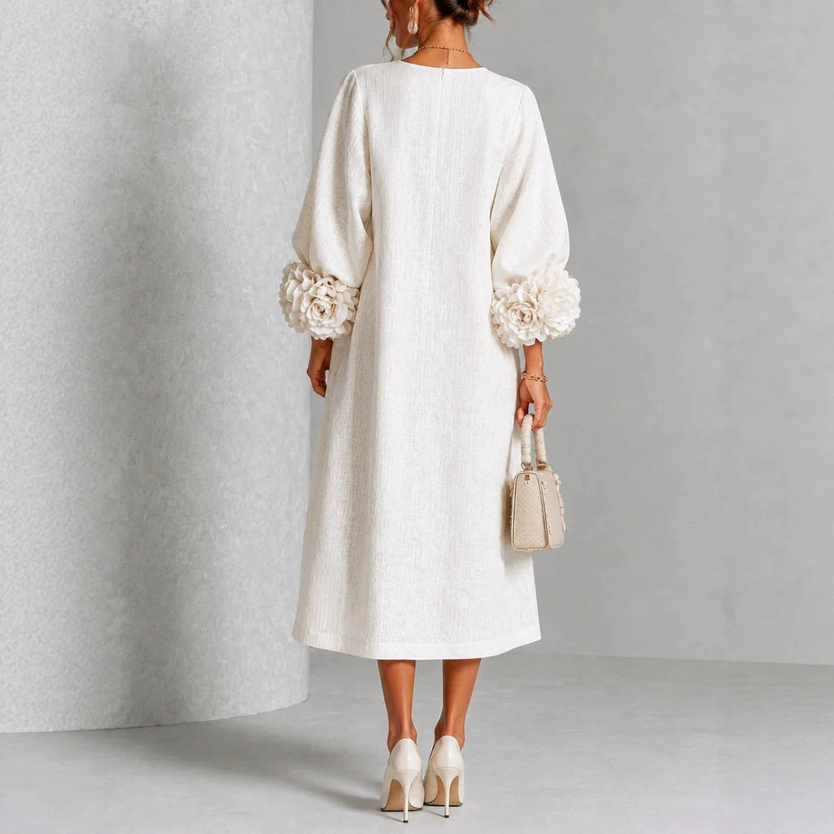Round Neck Rosette Applique Puff Sleeve Button A-Line Midi Dress 8