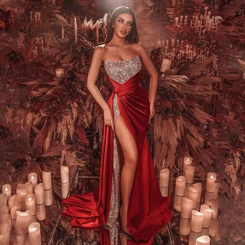 High Slit Floral Sequin Prom Dress red / S promdress-250223