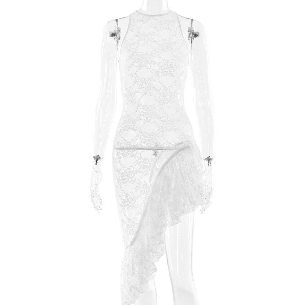 Round Neck Sheer Lace Ruffle Asymmetrical High Slit Maxi Dress