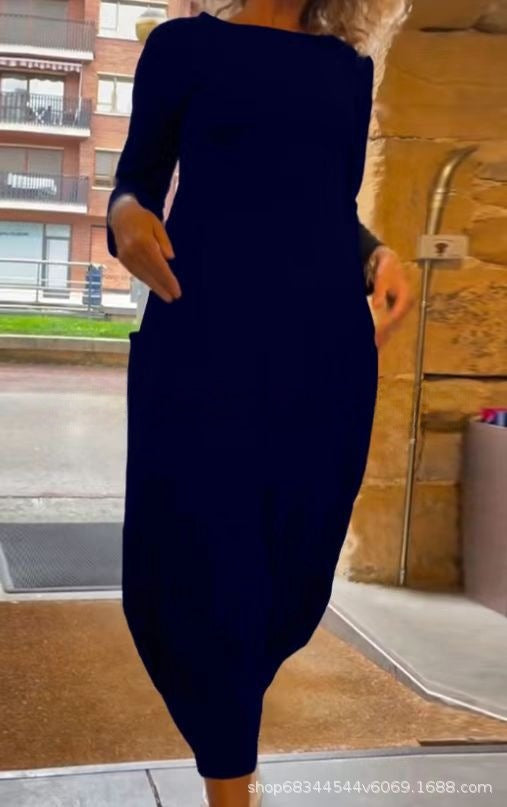 Round Neck Long Sleeve Pocket Cocoon Midi Dress
