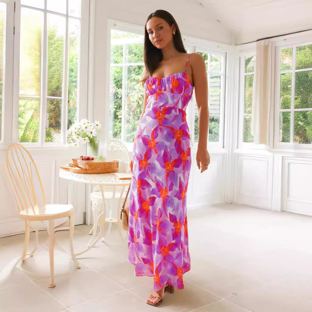 Fresh Sweet Floral Print Backless Mid Length Dress