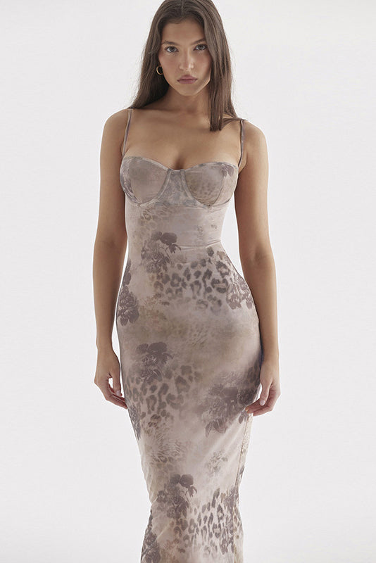 Spaghetti Strap Lace Trim Floral Mesh Corset Bodycon Maxi Dress