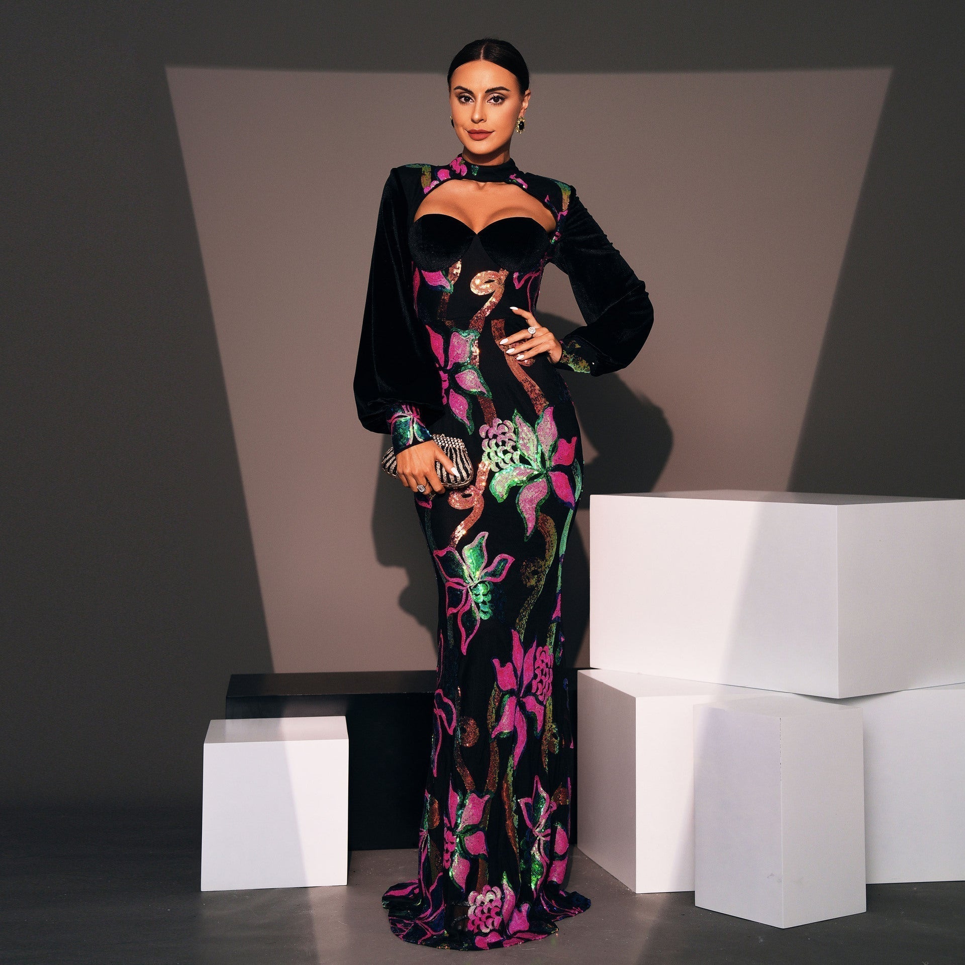 Long Sleeve Crew Neck Cutout Long Sequined Cocktail Evening Dress Bridesmaid