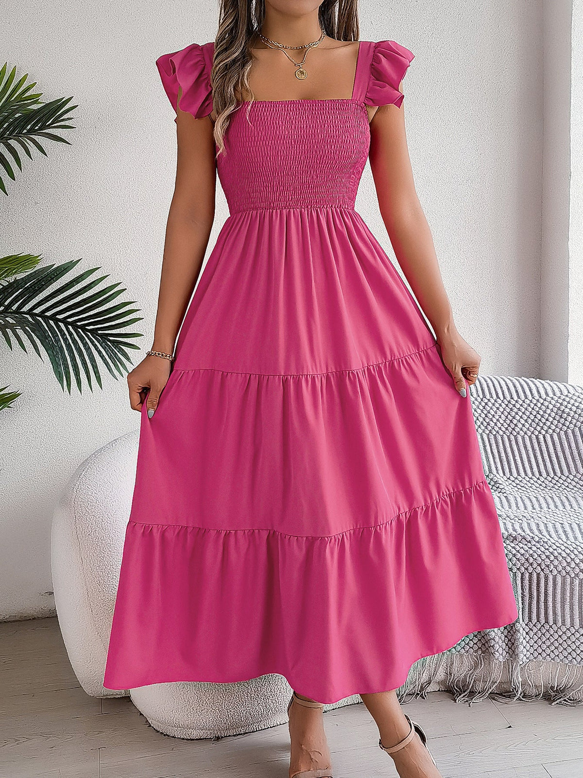 Rose Square Neck Ruffle Sleeve Smocked Tiered A-Line Maxi Dress