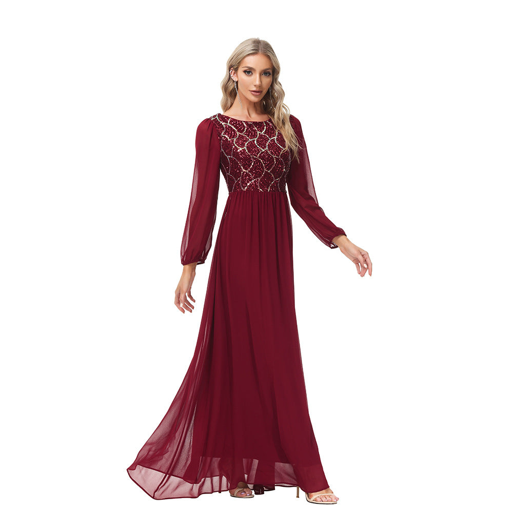 Long Sleeve Chiffon Stitching Sequ Toast Dress A line Large Hem round Neck V Back Fully Lined Elegant Evening Dress