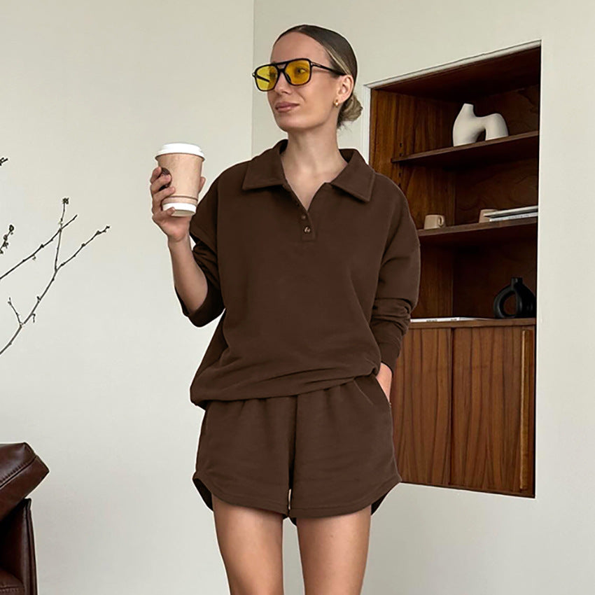 Vintage Chic Brown Relaxed Comfortable Stylish Casual ShortSleeve Fall Suit